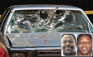 The car driven by Timothy Russell is shown April 10, in Cleveland. Cleveland police officer Michael Brelo, 31, was tried on two counts of voluntary manslaughter in the November 2012 deaths of Russell, 43, and Malissa Williams, 30, after a high-speed chase. The defense attorneys, prosecuting attorney and the judge visited the warehouse where the car and two police cruisers involved in the chase were stored. Inset: Timothy Russell and Malissa Williams. Photos: AP/Wide Wolrd photos