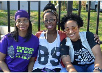 Sister Chanel X, Student Protocols from Muhammad Mosque 6, Elyhasha McDonald, and Rashidah Muhammad support the Ballin’ 4 Justice event. 